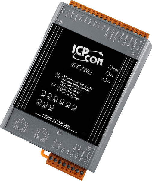 ET-7202 CR ICP DAS Remote IO Modbus TCP with 2 LAN, 3 AI, 3 Relay, 6 DI
